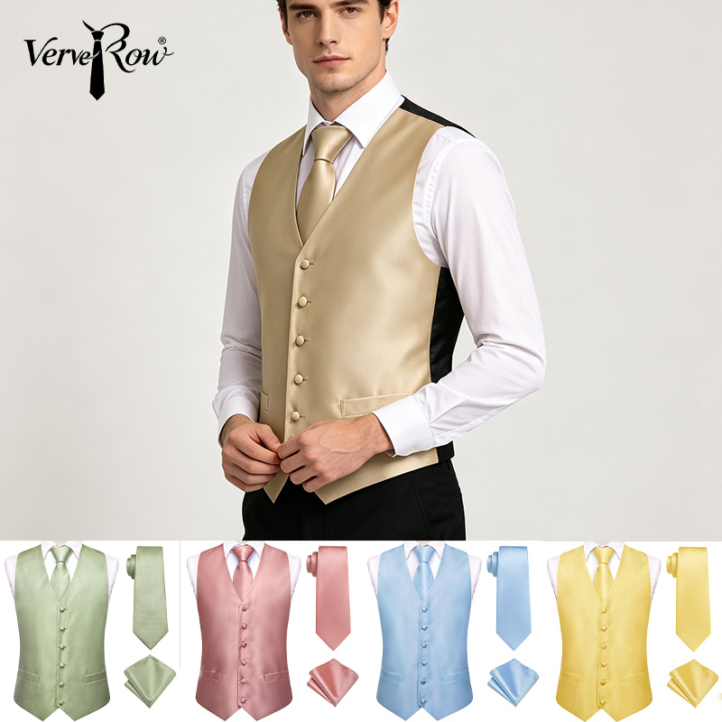 Pocket Square Set - VerveRow メンズ ソリッドサテン Vネック ベスト ネクタイ